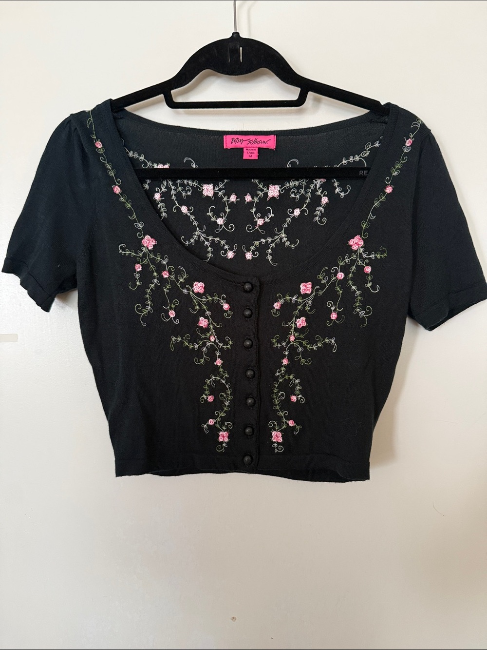 Betsey Johnson Black Cropped Button-Up Top with Pink Rose Embroidery